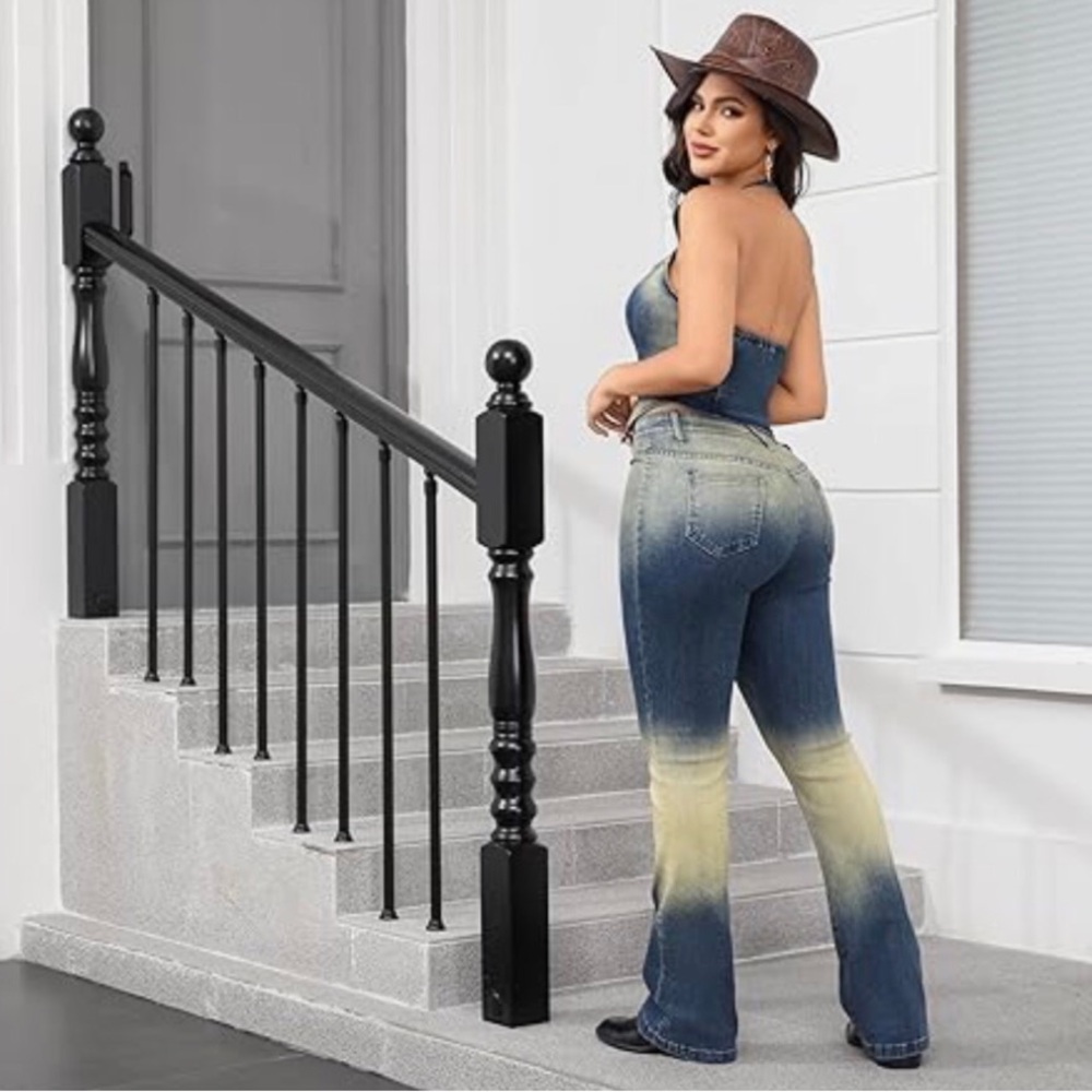 Stylish Halter top 2 piece Denim blue Jean pant set - Picture 3 of 5
